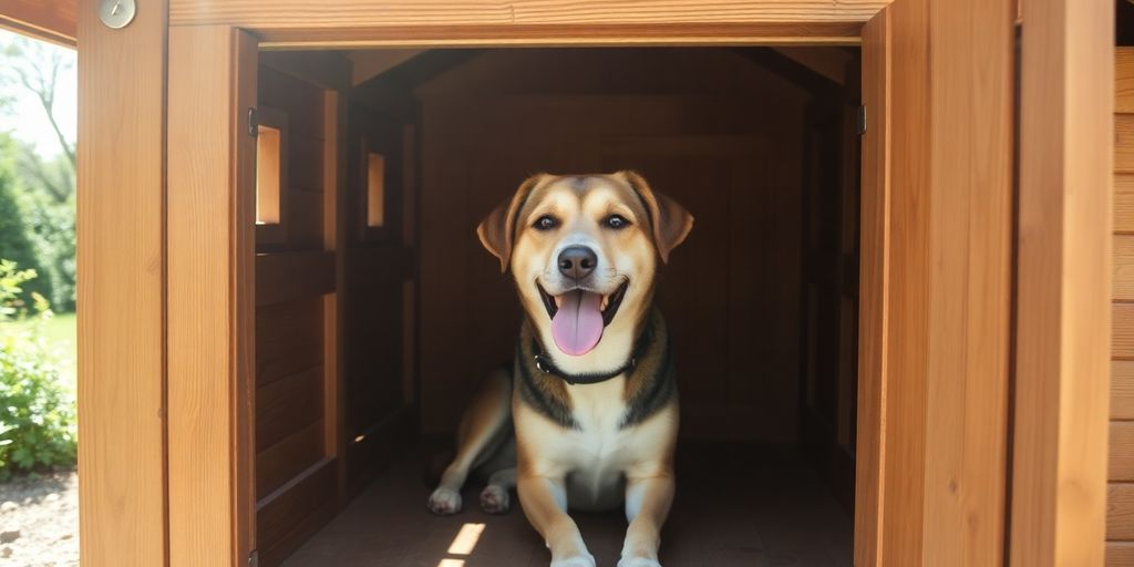 Dog resting happily in a spacious wooden kennel.