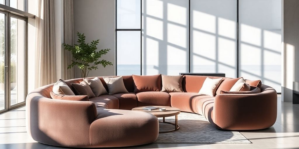 A plush, cream-colored rounded couch in a sunlit living room.
