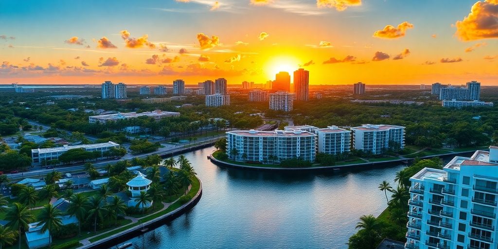 Vibrant sunset over luxury Aventura condos with palm trees.
