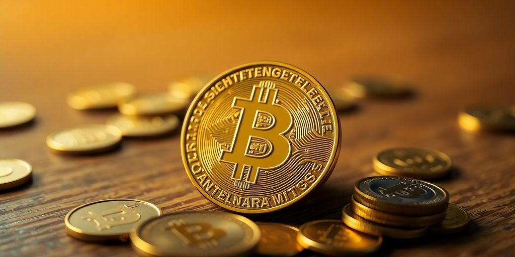 Close-up of a golden cryptocurrency coin on table.