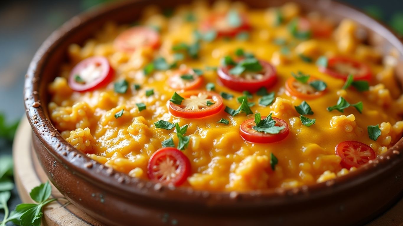 Arroz de forno com cobertura de queijo e legumes.