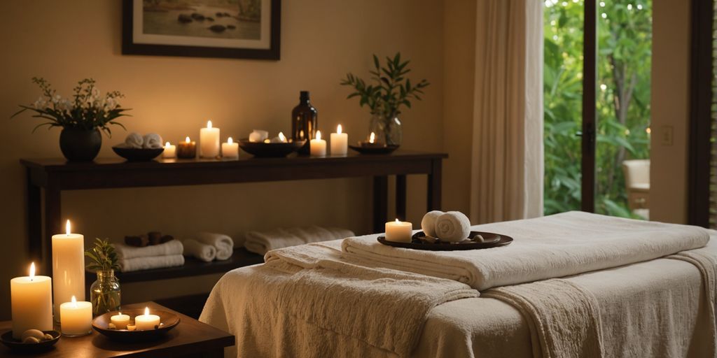 Spa room with massage table and calming decor.