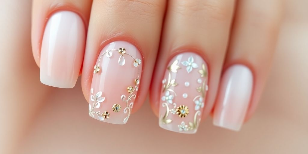 Unhas de gel decoradas em cores claras.