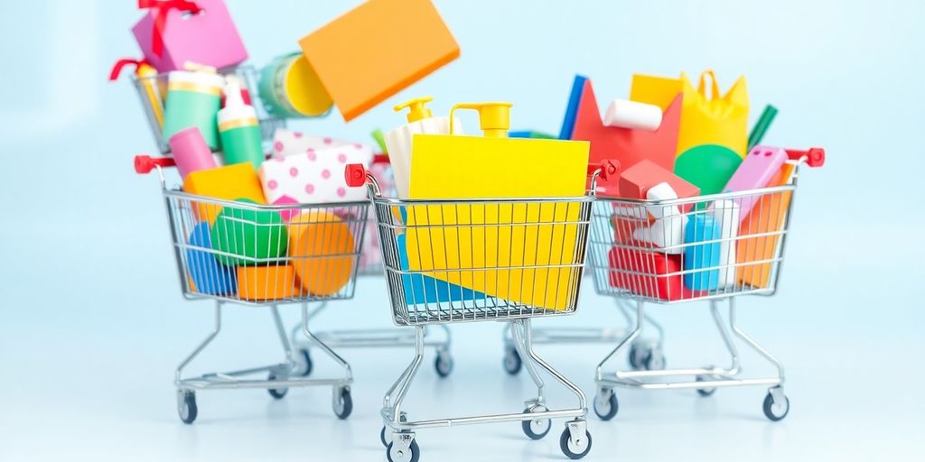 Colorful shopping carts filled with products in a modern setting.