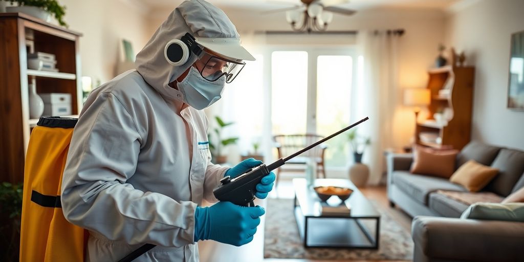 Profesional dezinsectie purici in actiune la o casa.