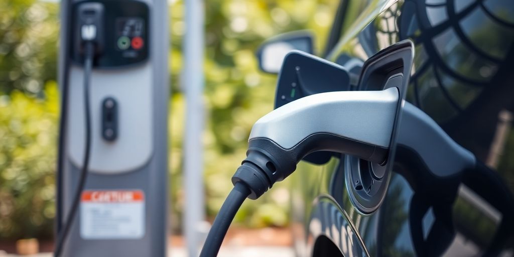 Electric vehicle charging at a public charging station.