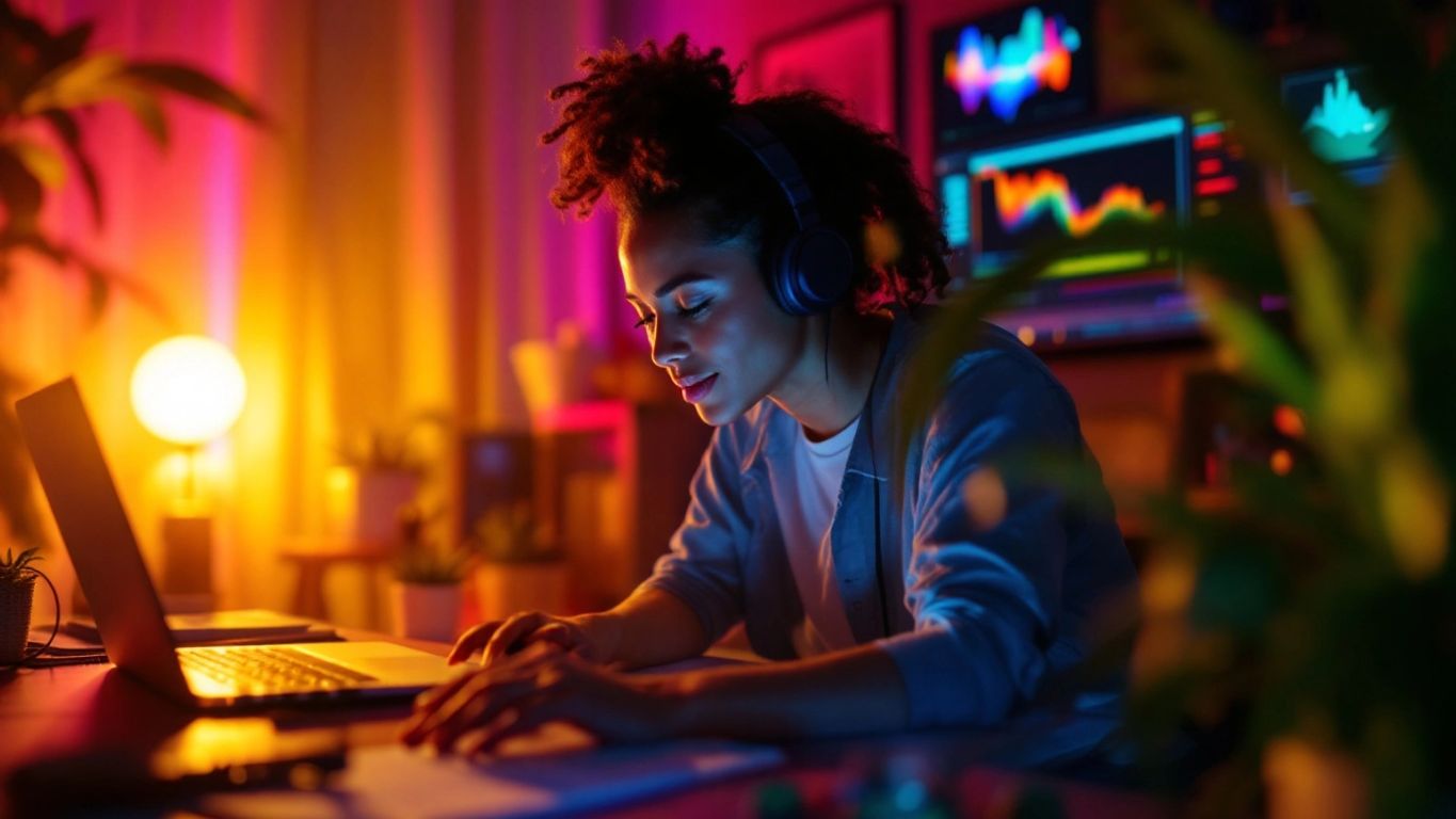 Person working on video editing with a laptop.