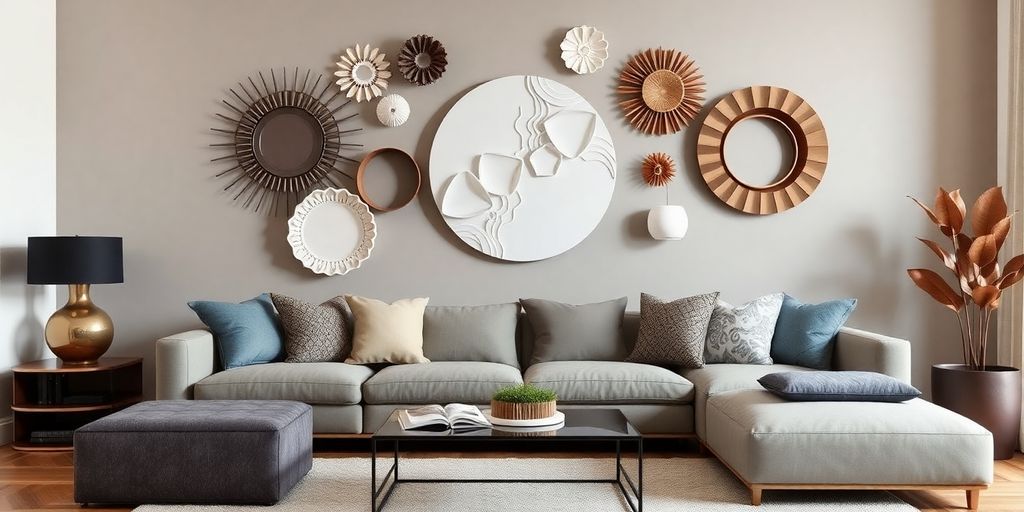 Modern living room with sculptural wall decor accents.