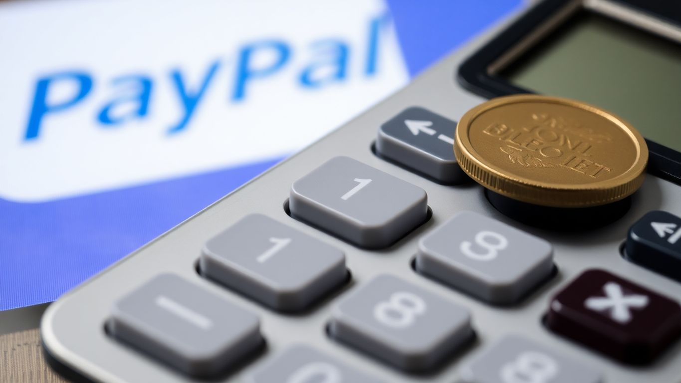 Calculadora com moedas e logotipo do PayPal ao fundo.