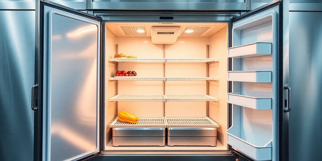 Clean mobile catering fridge with ample internal space.