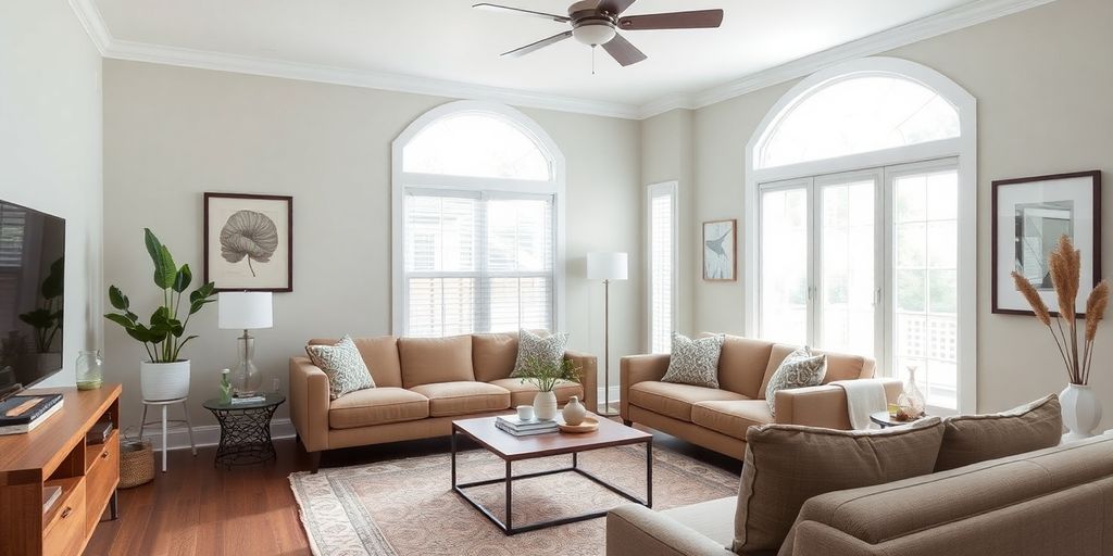 Modern living room with stylish decor and natural lighting.