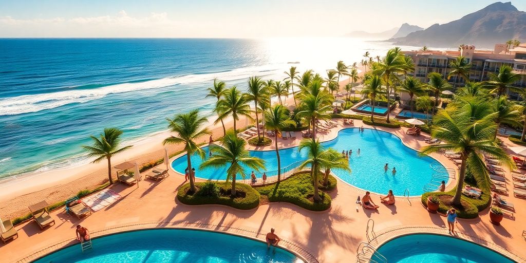 Beachfront resort with palm trees and ocean views.