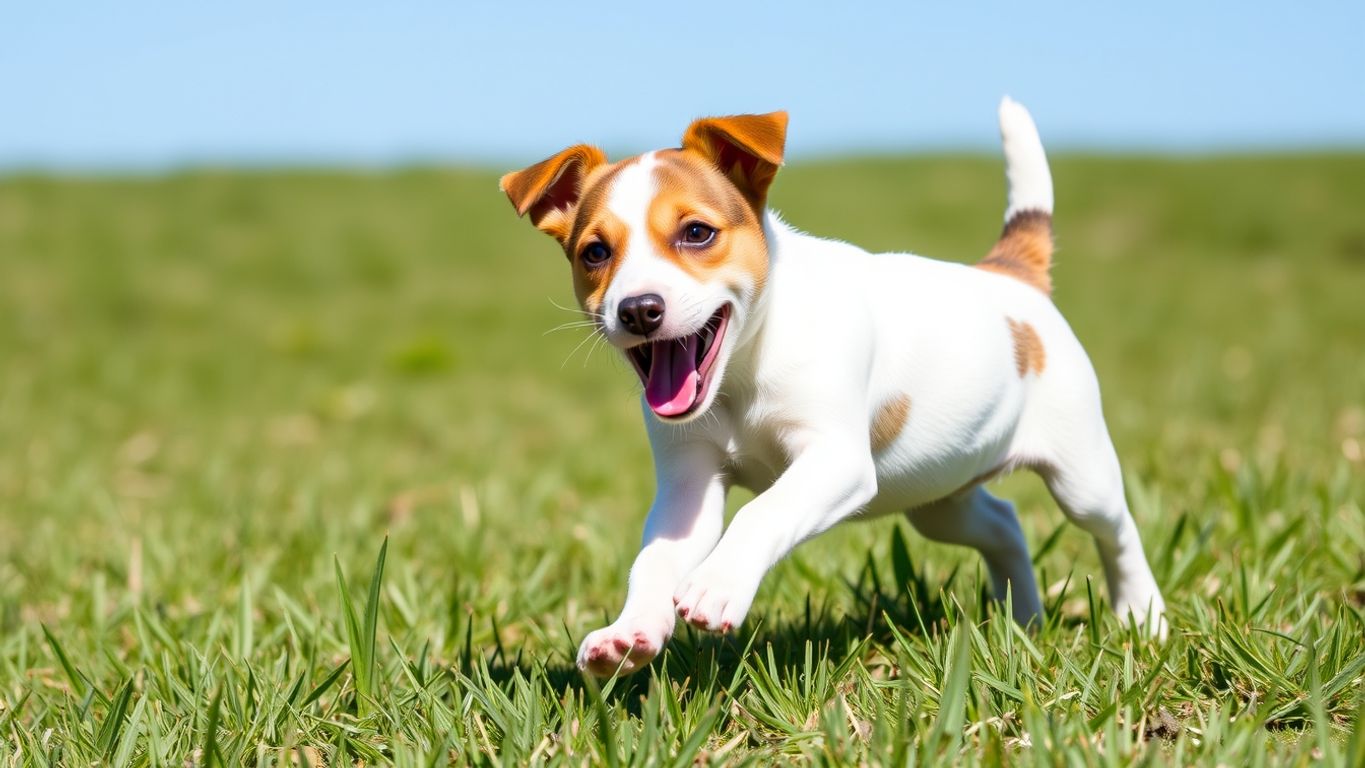 Playful Jack Russell Terrier puppy in a grassy field.