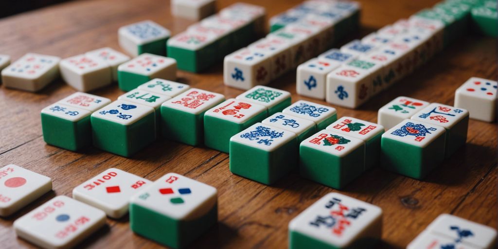 Mahjong tiles and accessories on a wooden table.