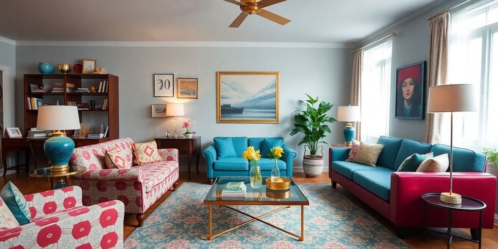 Sala de estar com móveis retrô e decoração sofisticada.