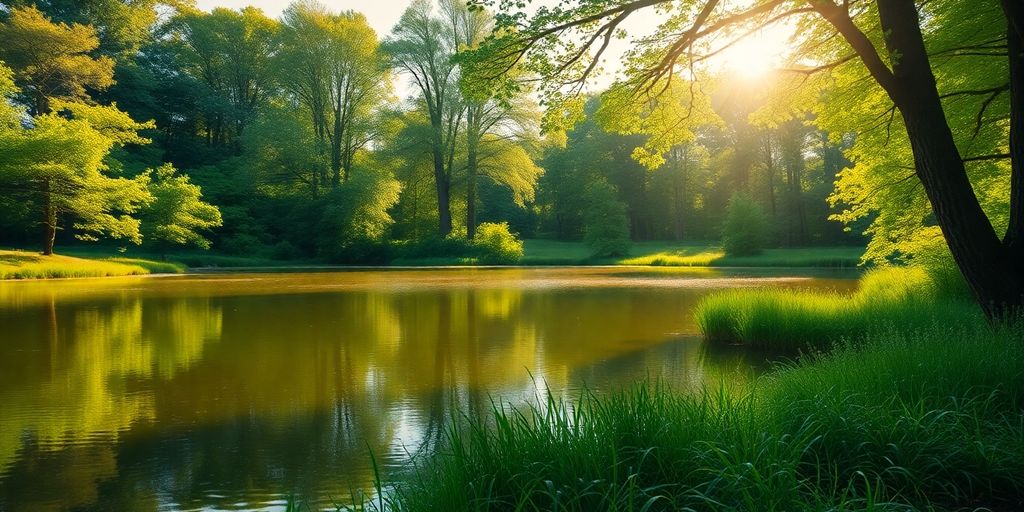 Tranquil landscape with lake and lush greenery.