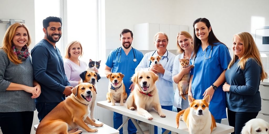 Happy pets and owners at vet.
