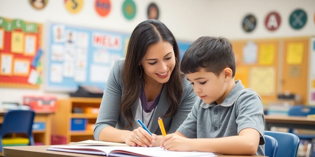 Ein Lehrer und ein Schüler in einem Klassenzimmer.