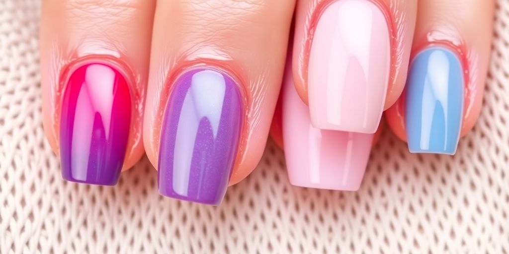 Unhas em gel coloridas e bem cuidadas.