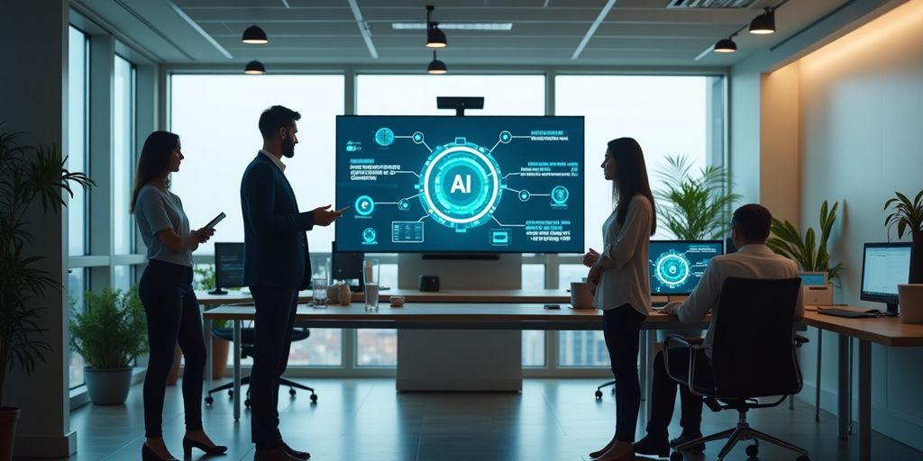 Profissionais discutindo em escritório moderno com tecnologia.