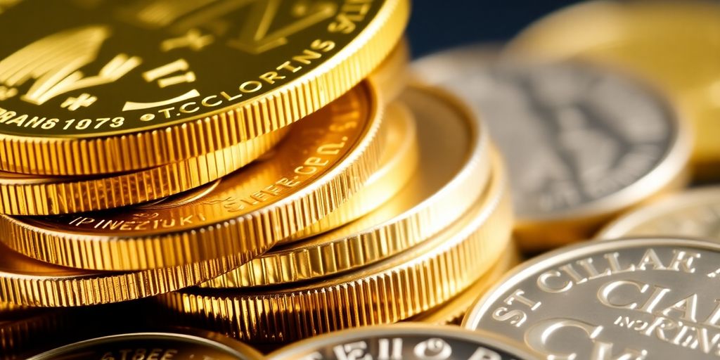 Pièces d'or et d'argent empilées sur une surface en bois.