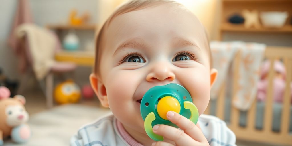 Bebê sorridente usando chupeta em ambiente acolhedor.
