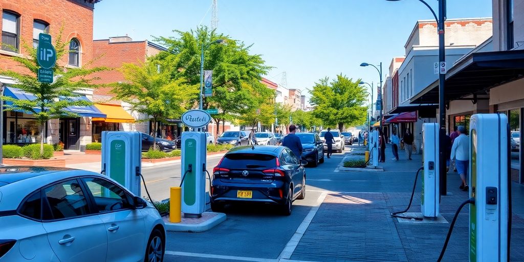 Small city with electric vehicle charging stations and greenery.