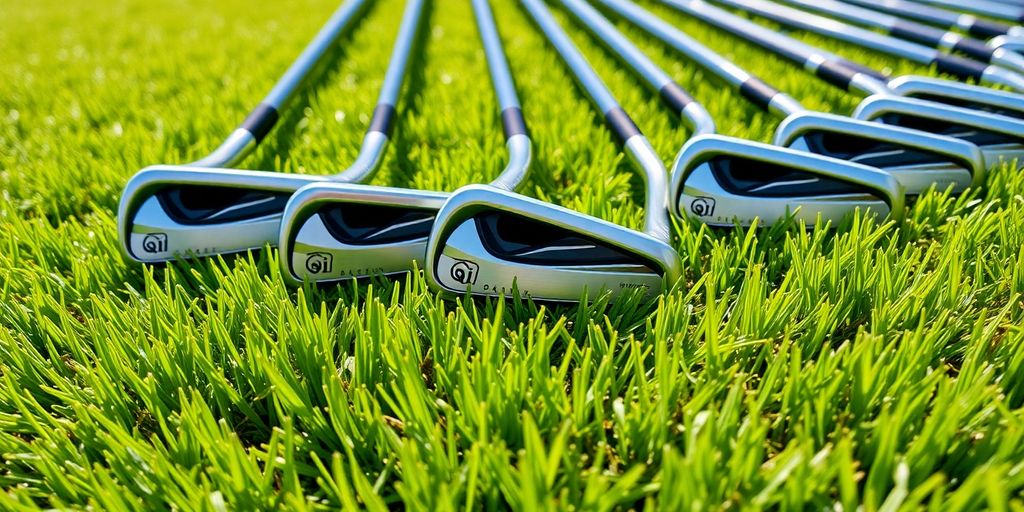 Taylormade Qi Irons resting on green golf course grass.