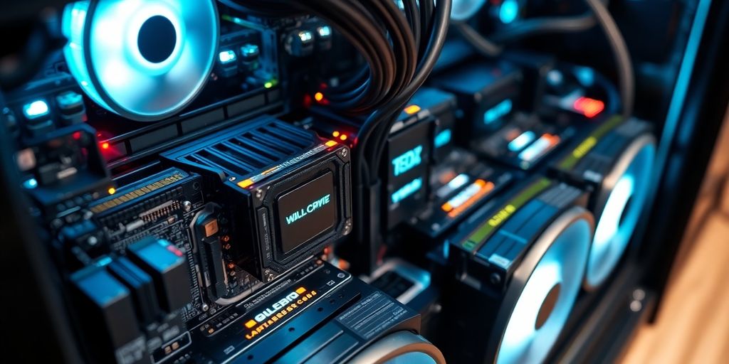 Mining rig with glowing blue components.