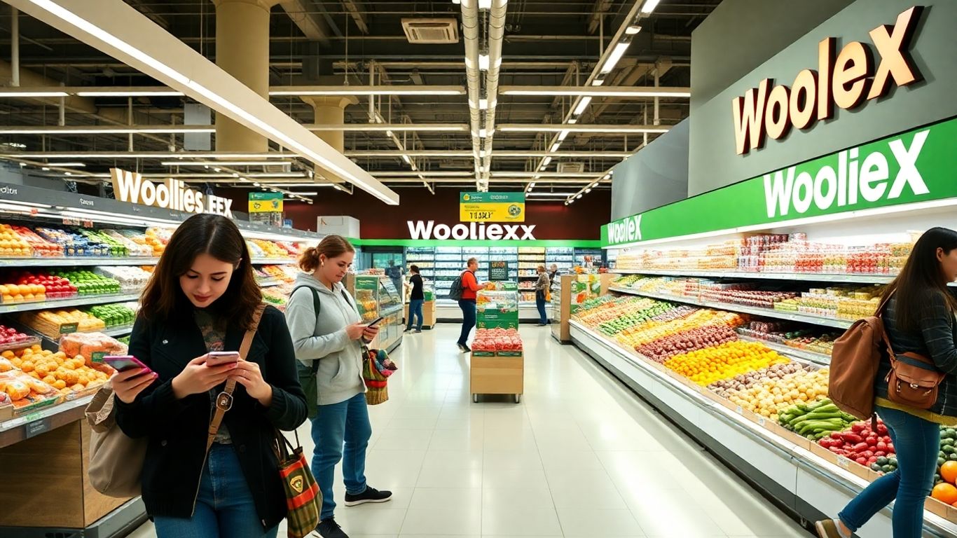 Shoppers using tablets in a modern WooliesX supermarket