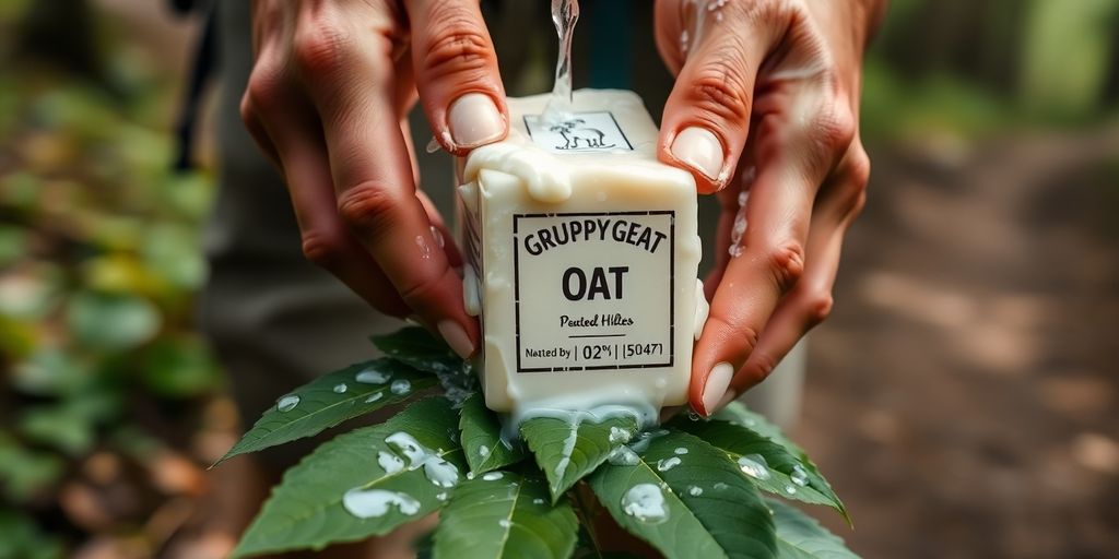 Hiker using goat milk soap outdoors.