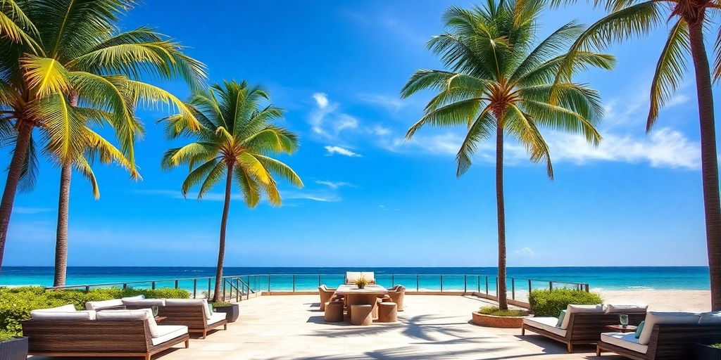 Luxurious mansion with palm trees and ocean view.