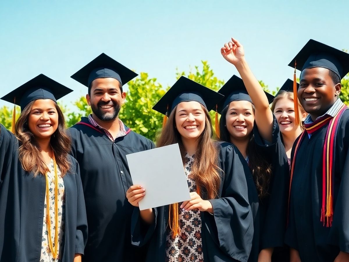 Diverse students celebrating graduation outdoors with diplomas.
