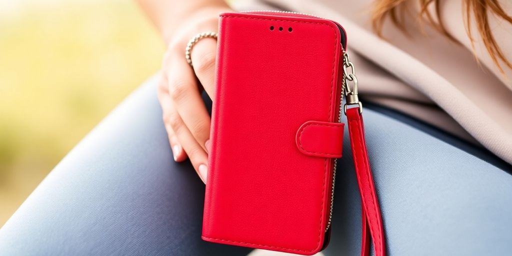 Red iPhone wallet case with zipper and strap.