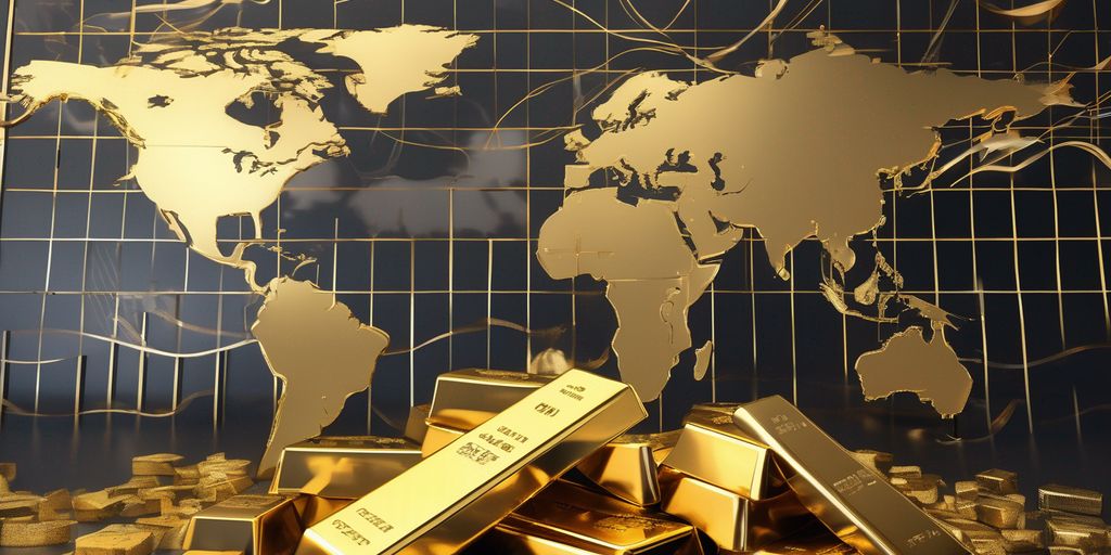 gold bars with a world map background and fluctuating stock market graphs