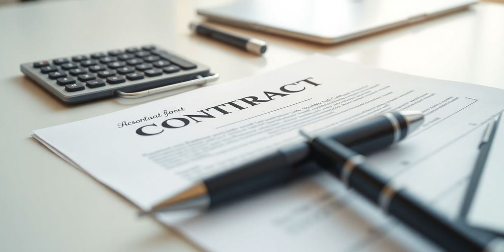 Close-up of a contract with a pen and office supplies.