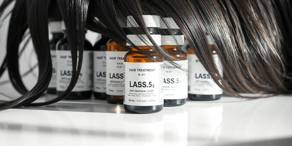 Frascos de medicamentos contra calvície e cabelo saudável crescendo.