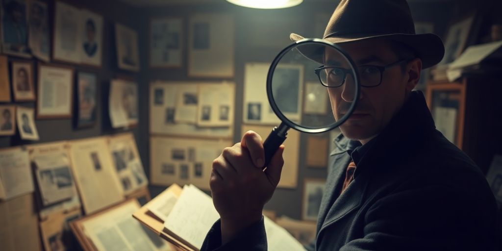 Detective examining old case files with a magnifying glass.