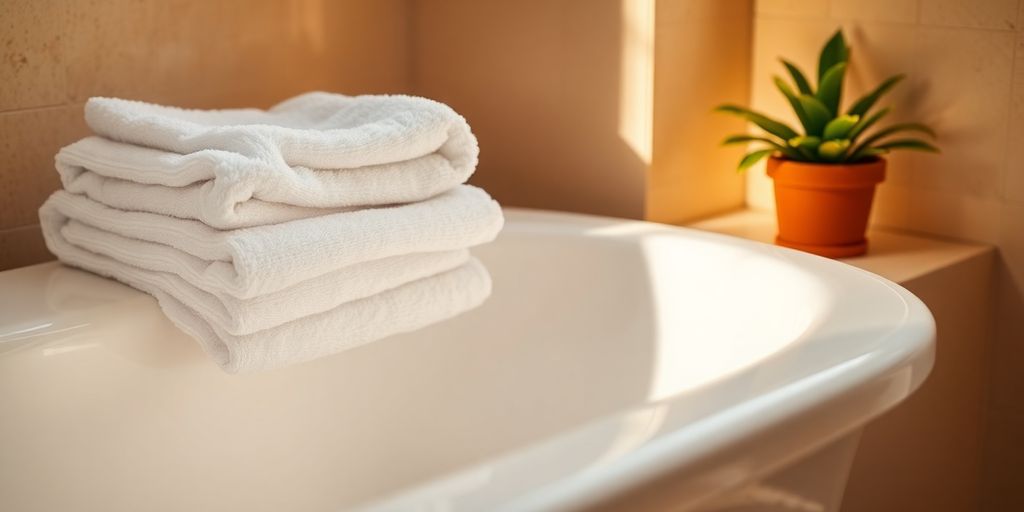 Well-lit serene bathroom with warm glow, plants, fluffy towels.