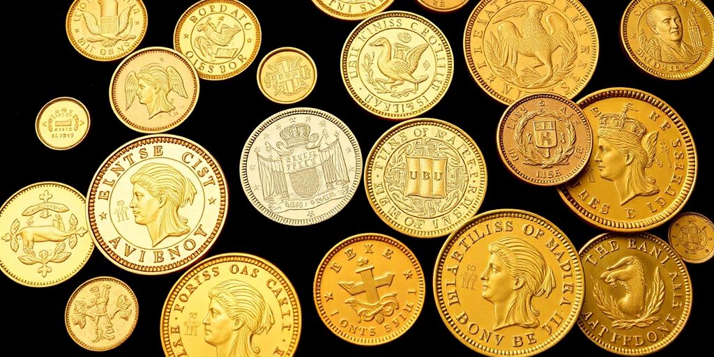 Collection de pièces d'or des colonies sur fond sombre.