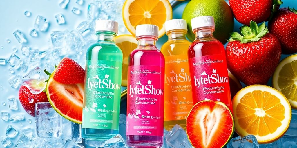 LyteShow bottles with fresh fruits and ice for hydration.