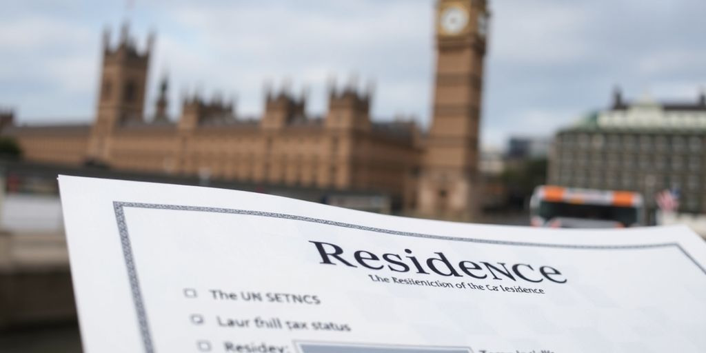 UK residence certificate with London landmarks in background.