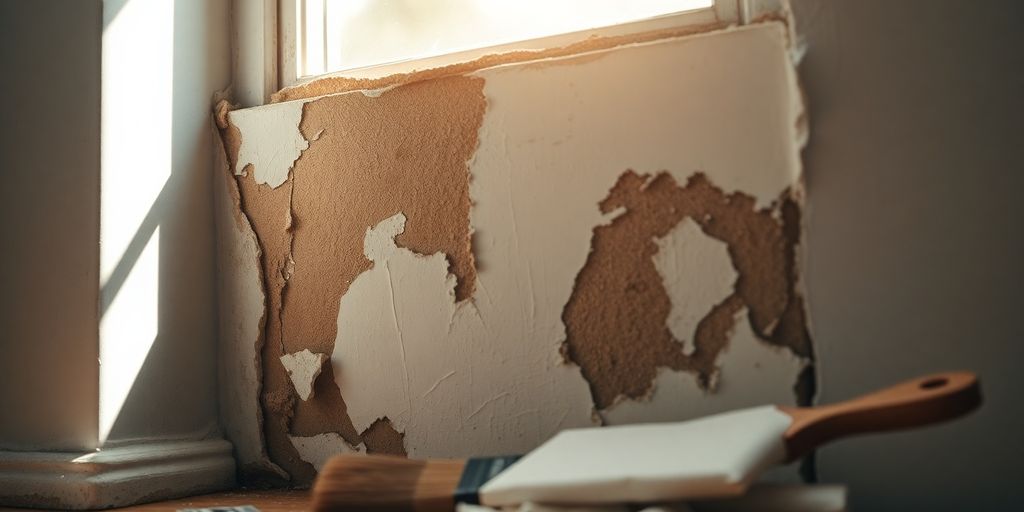 Close-up of water-damaged wall with peeling paint.