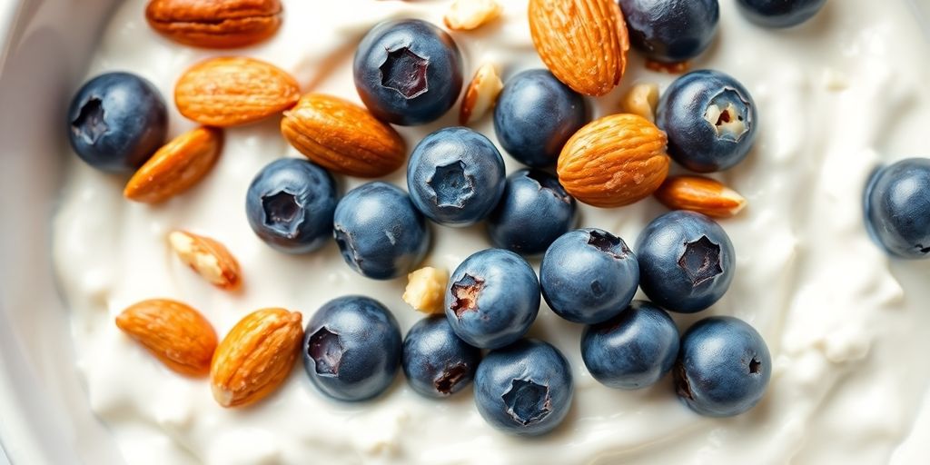 Bowl of cottage cheese with berries and nuts.