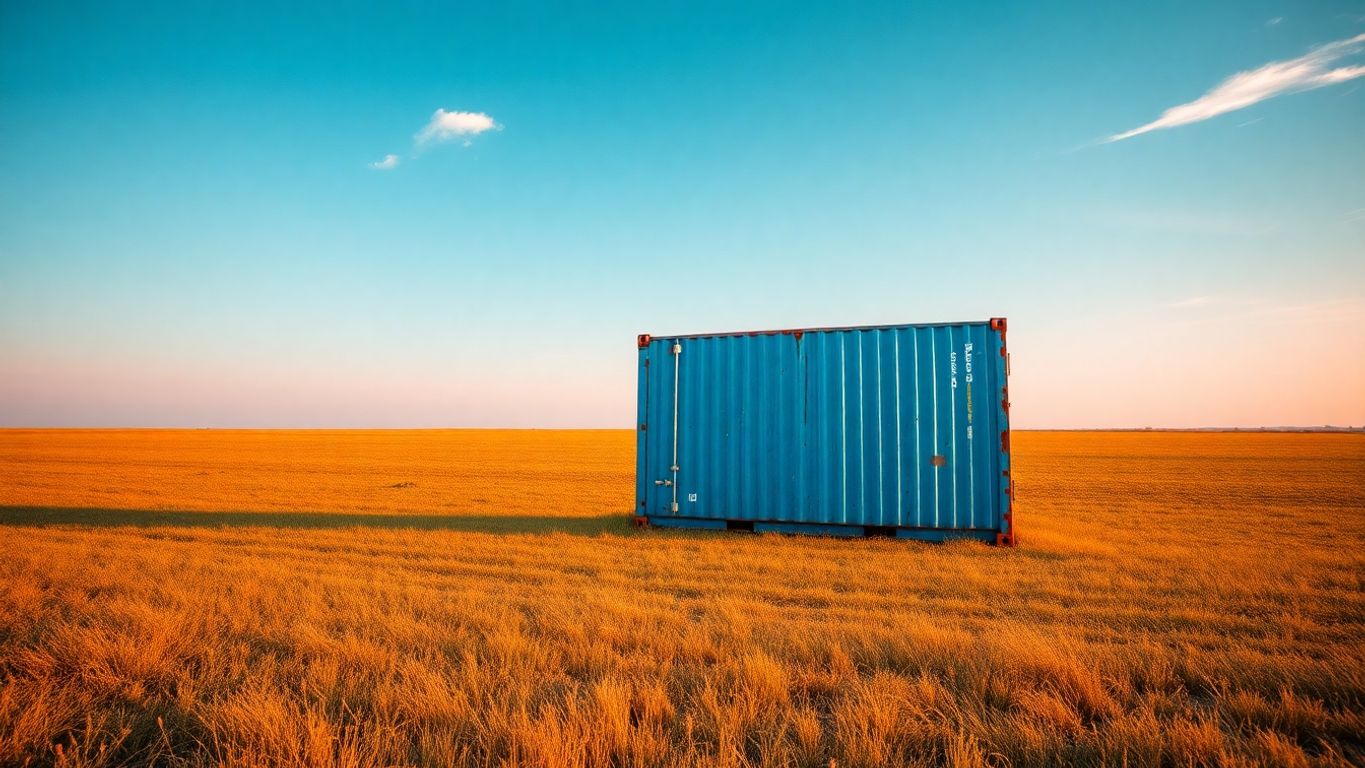 Shipping container in a sunny, open field.