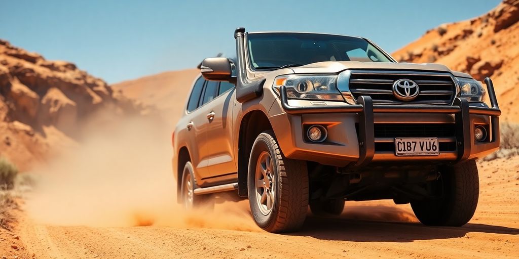 Rugged Toyota Land Cruiser parked near Australian outback scenery.