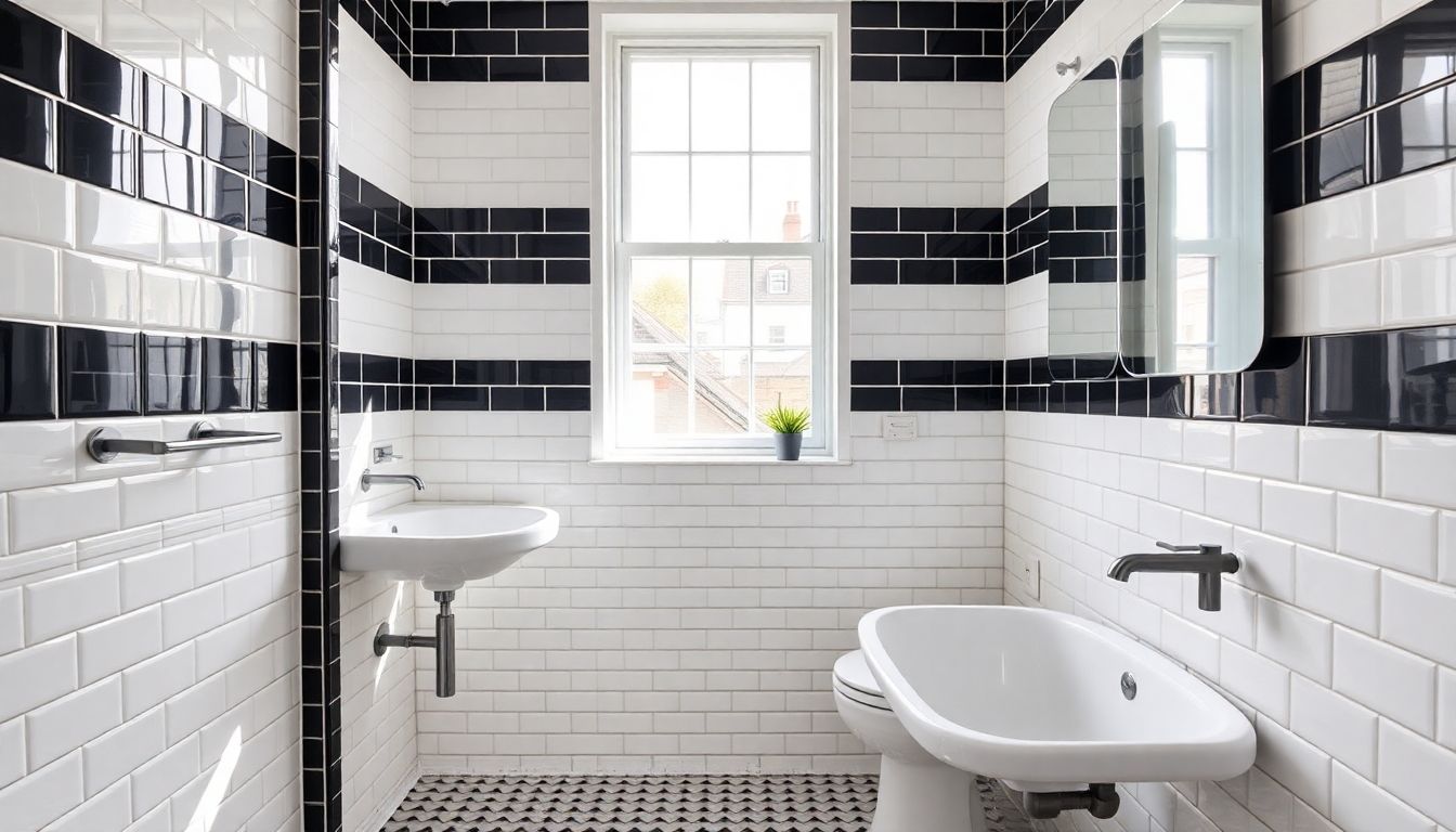 Stylish London bathroom with metro tiles in white and black.