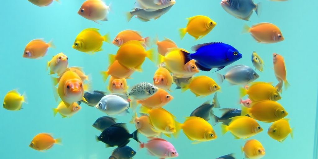 色彩斑斓的水族鱼在清水中游泳。