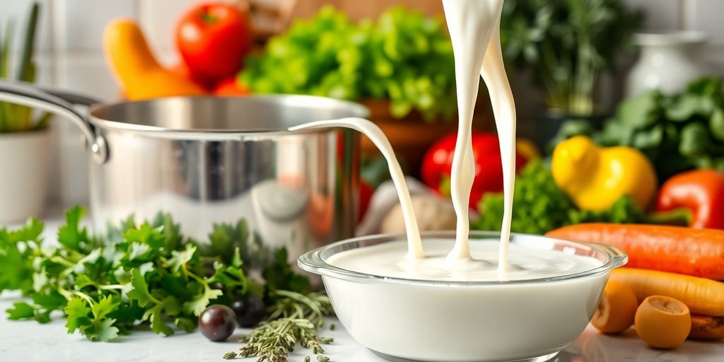 Milk being poured into a saucepan with fresh ingredients.