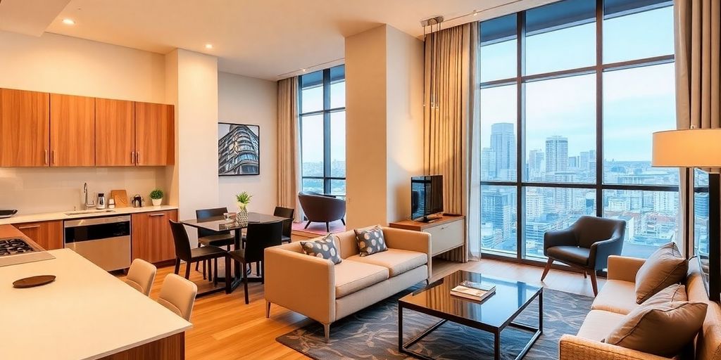 Stylish serviced apartment interior with city view.